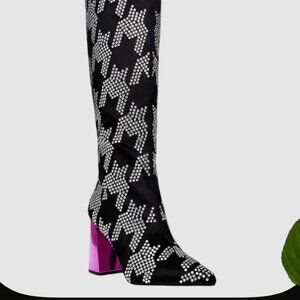 SIZE 9.5  Betsey Johnson Naomy Rhinestones Black Boots with Pink Metallic Heel